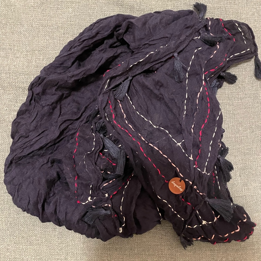 Navy blue square light scarf with pink detailing on border